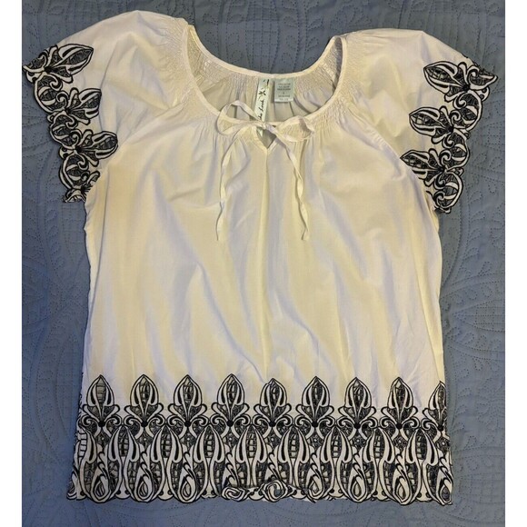 Soho Look 100% cotton peasant blouse with embroidery-style sleeves and hem sz L - Picture 1 of 8